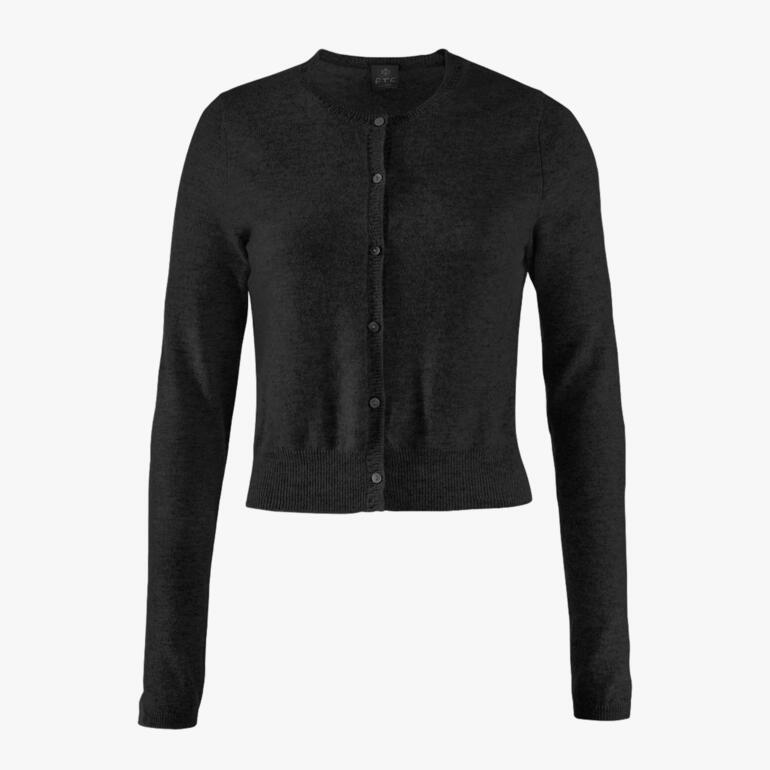 Cardigan court noir sur fond blanc.