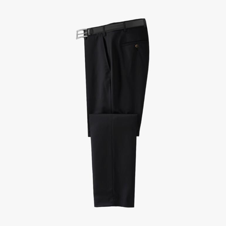 Pantalon en laine vierrée noir plié sur fond blanc.