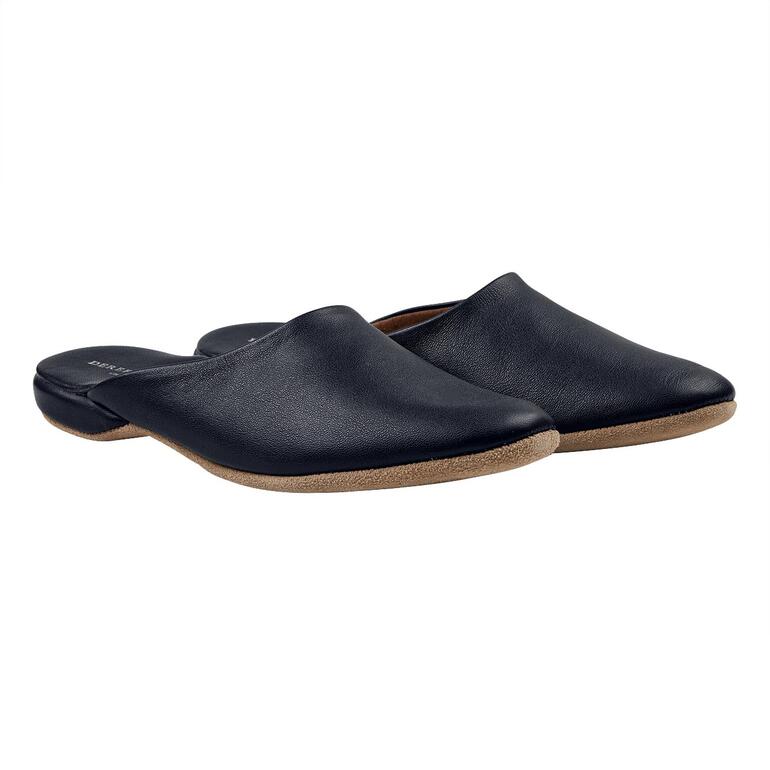 Mules en cuir Derek Rose navy, taille 41, présentées de côté.