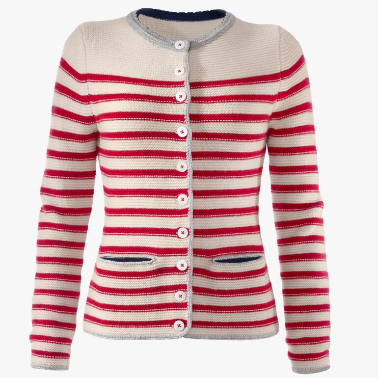 Veste rayée avec des rayures rouges et blanches, fermée à l'avant.