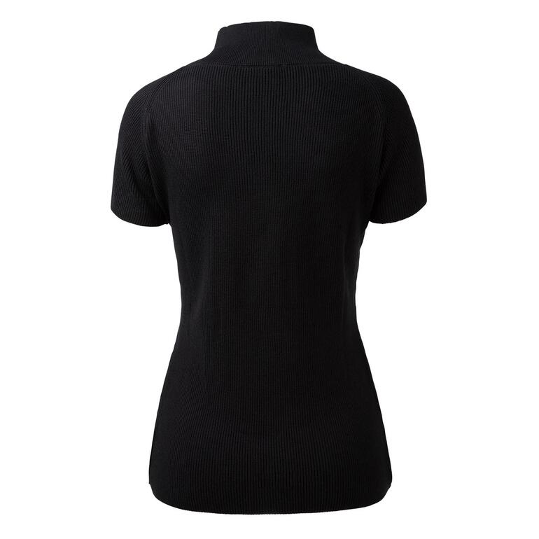 Vue arrière d'un pull à manches courtes noir avec col montant.