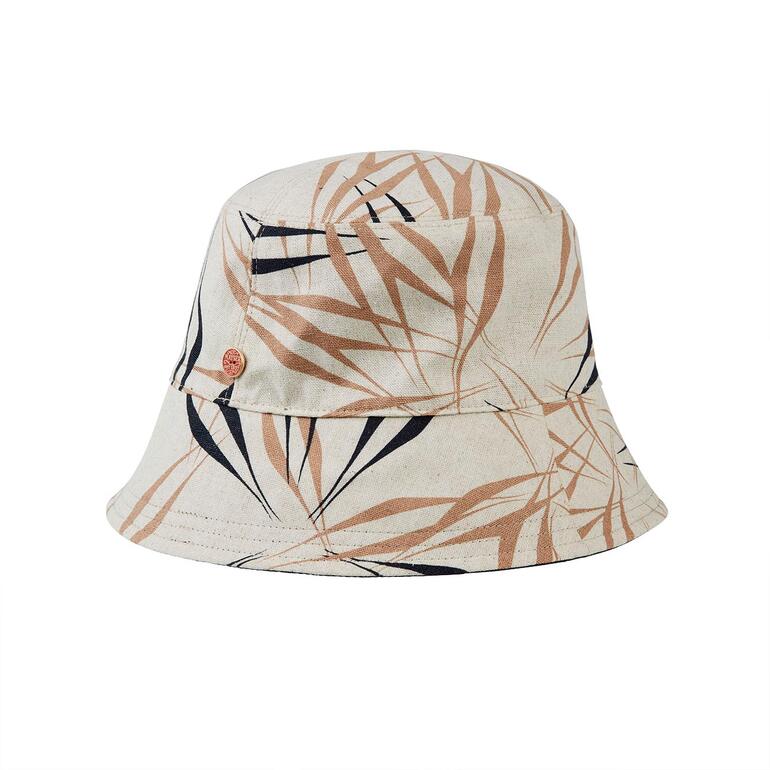 Chapeau de bucket réversible avec motif végétal sur un fond blanc.