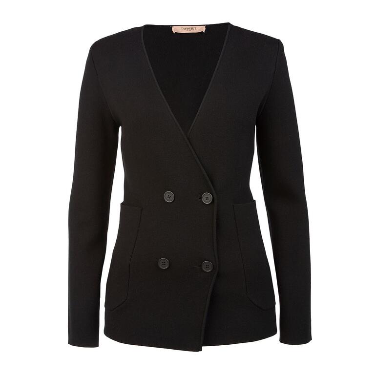 Blazer Blazer noir avec décolleté en V, deux boutons et poches.
