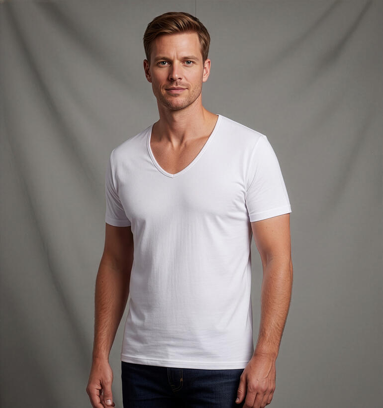 Homme portant un t-shirt blanc à col en V dans un environnement neutre.