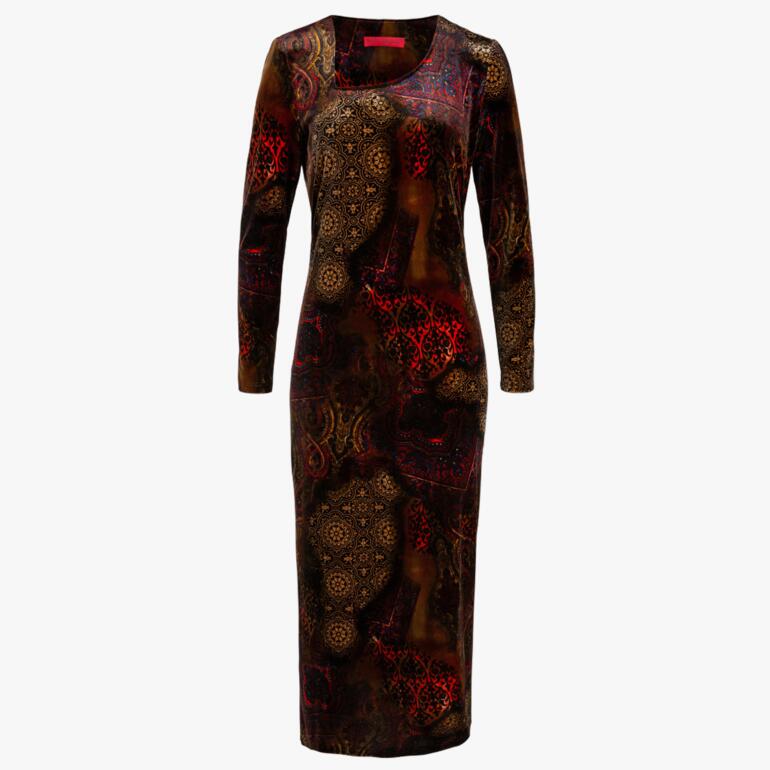 Robe en velours à manches longues dorées et pourpres avec motif floral, taille 36.