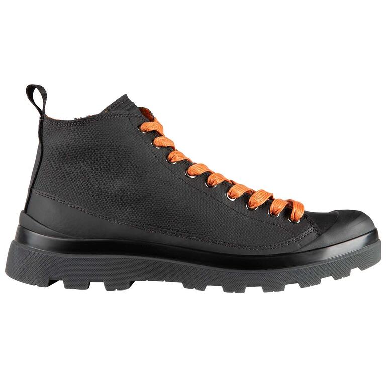 Chaussures Urban-Hiking-Boot Botte urbaine de randonnée en noir, vue latérale avec lacets orange.