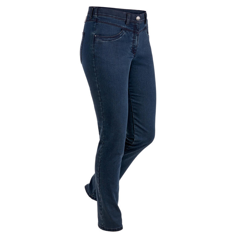 Jean thermo étroit bleu foncé, présenté debout de côté.