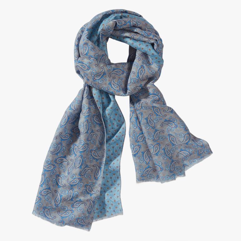 Écharpe à double imprimé bleue avec motif paisley