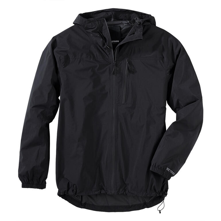 Veste de pluie noire en position étendue sur un fond blanc.