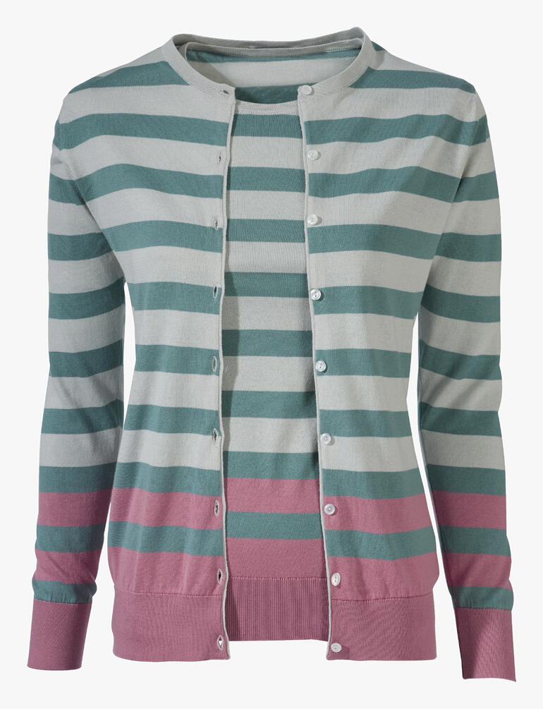 Vue de face du twin-set rayé Smedley avec des boutons et un design rayé.