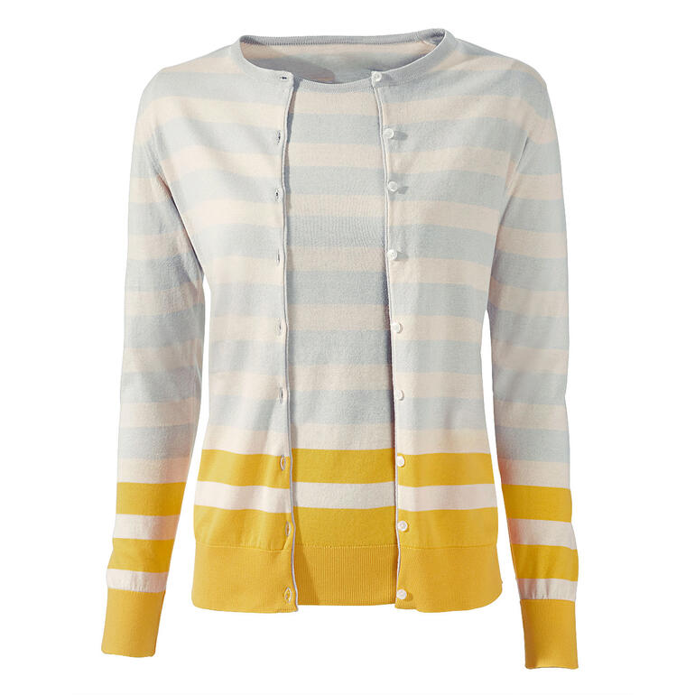 Vue avant du twinset rayé Smedley avec boutons en jaune, écru et bleu glacier.