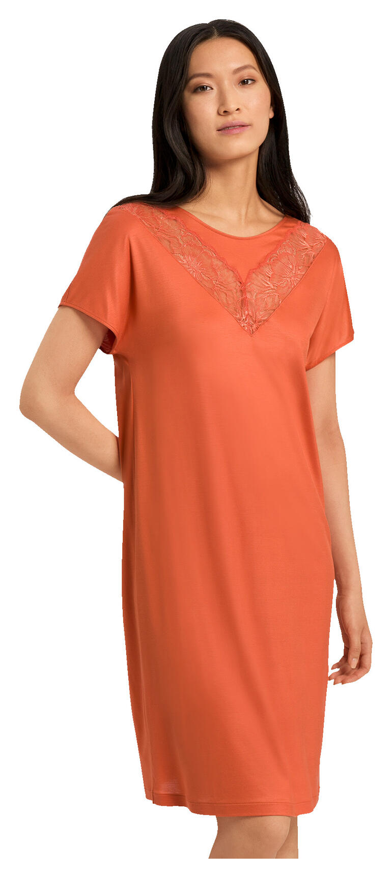Chemise de nuit en dentelle et modal Hanro Femme en nuit en modal orange avec dentelle, taille 38-40.