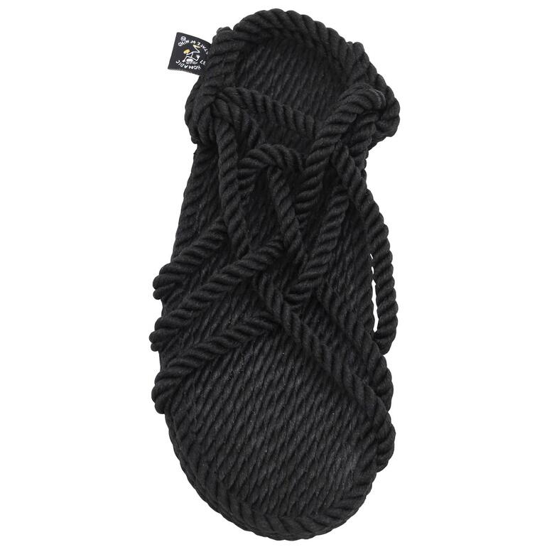 Vue de dessus de sandales en corde noires, design tressé.