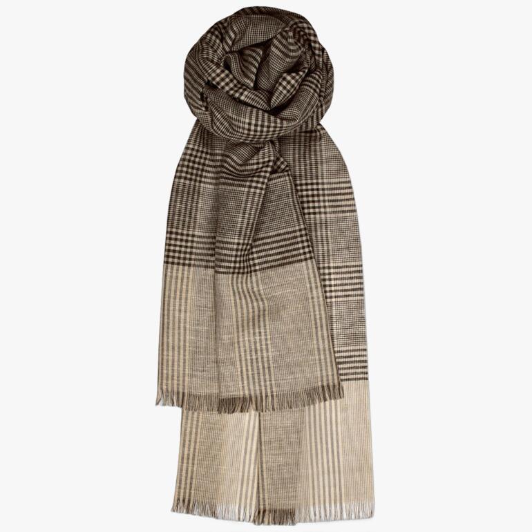 Écharpe à carreaux en nuances de brun et beige avec franges