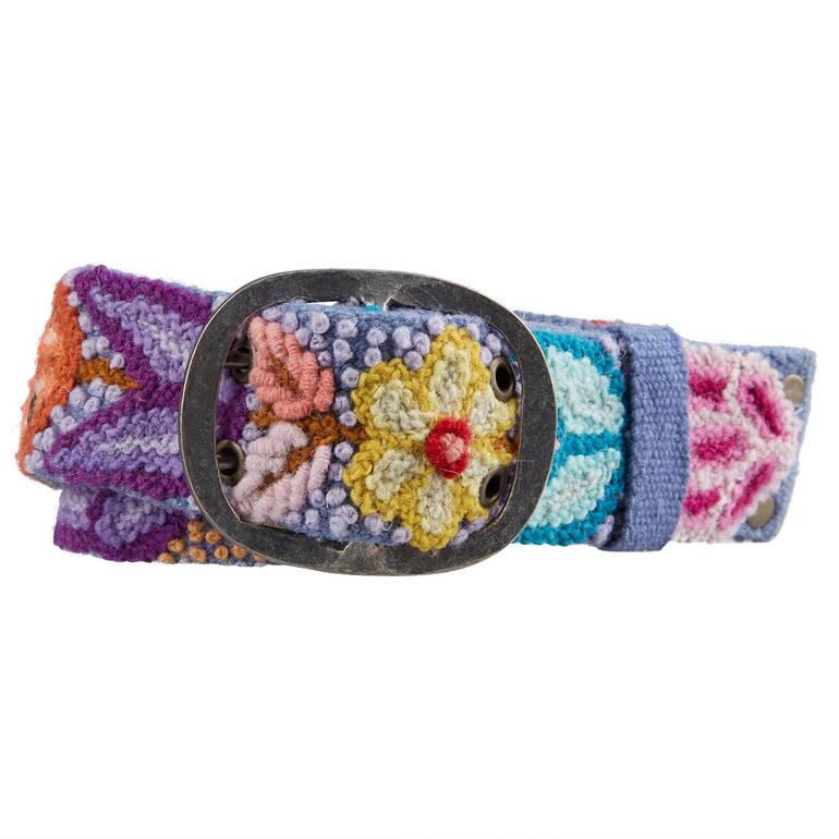 Bleu denim/multicolore Ceinture péruvienne bleu clair avec motifs floraux colorés.