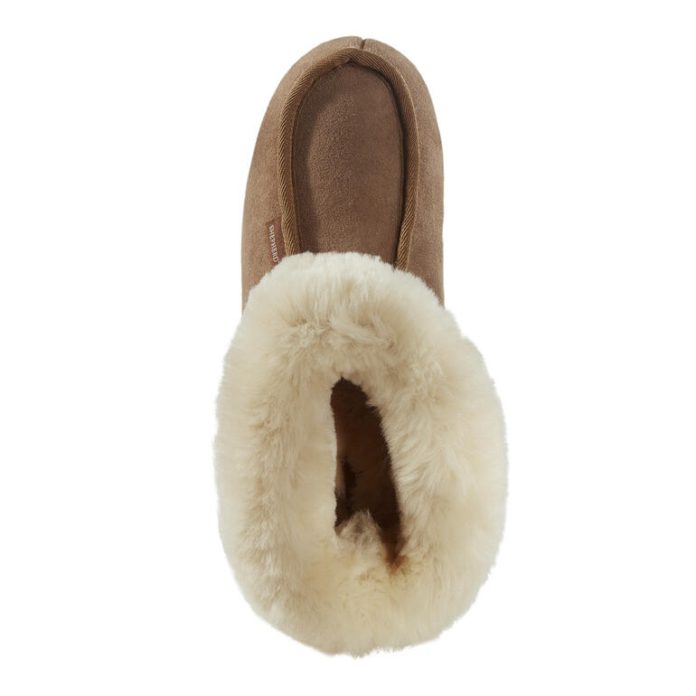 Bottes en laine d'agneau beiges vues d'en haut, doublure douce visible.