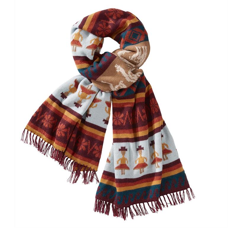 Écharpe en alpaga tricotée à la main en style enveloppe avec des motifs colorés.