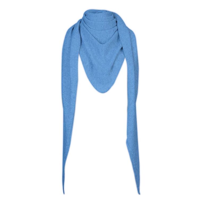 Foulard triangulaire en cachemire bleu présenté sur un fond blanc.
