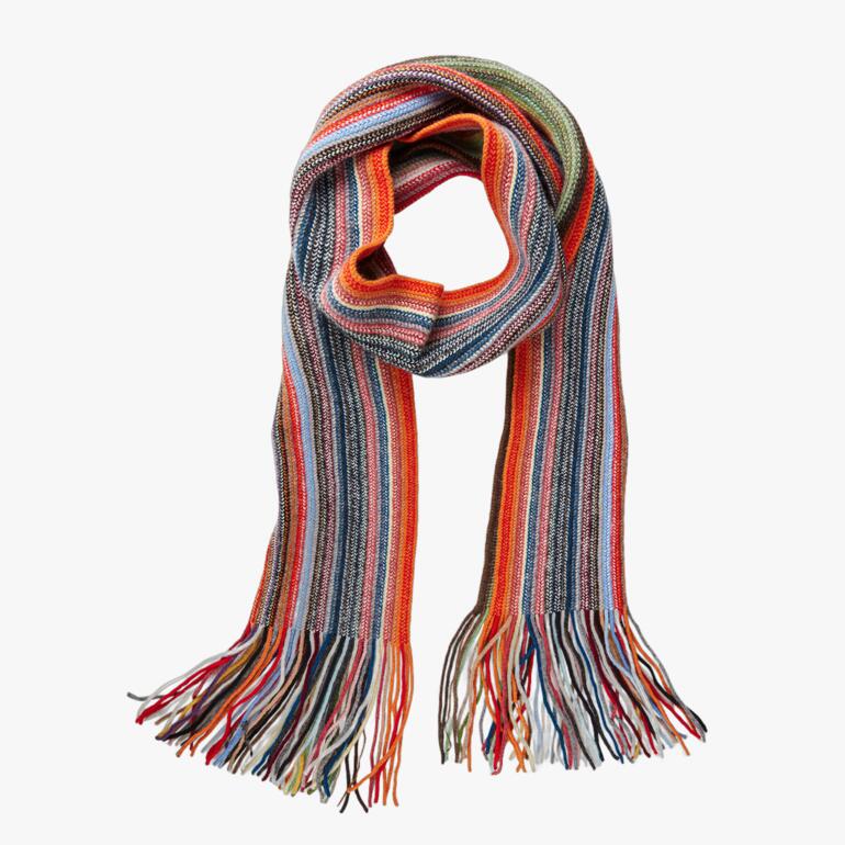Écharpe longue arc-en-ciel de Robert Mackie, avec franges.