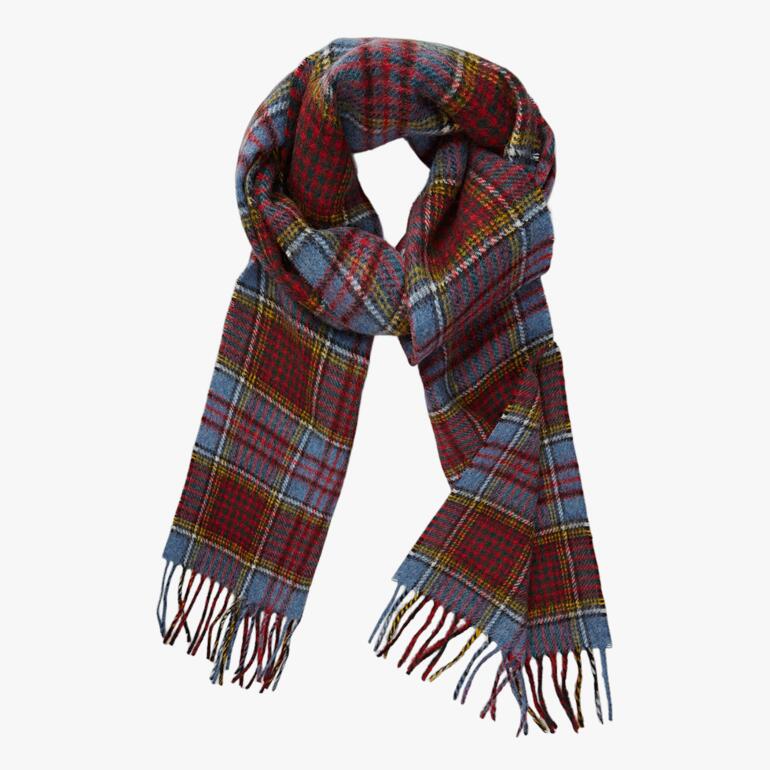 Long écharpe en tweed à carreaux de Moon, bleu et rouge avec franges.