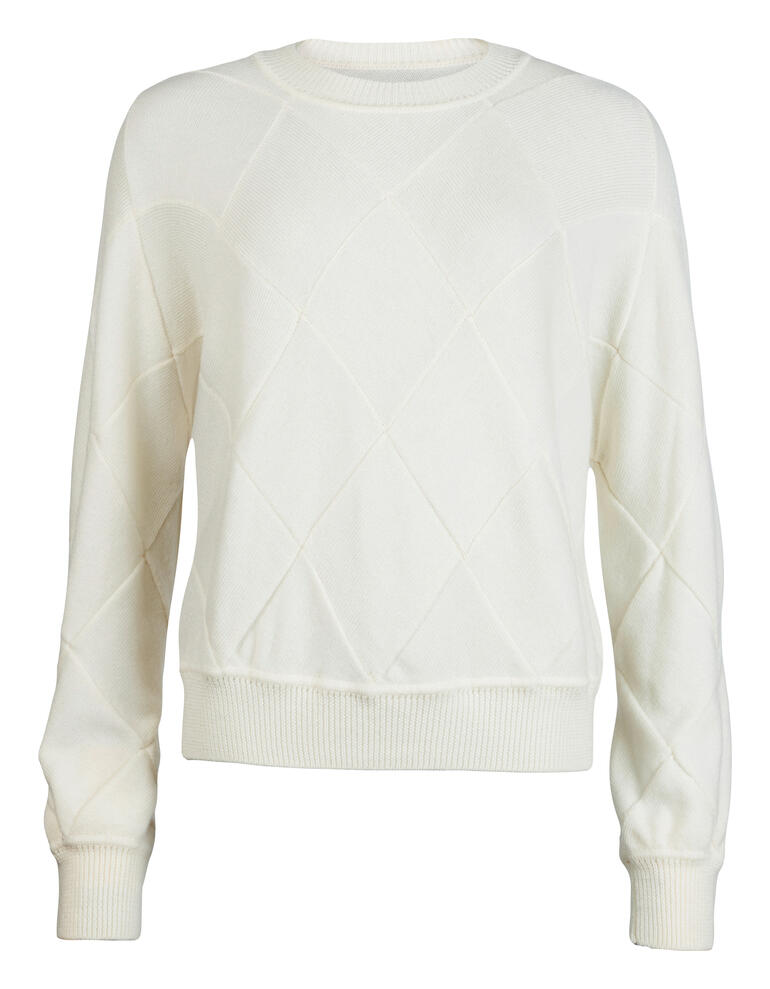 Vue avant d'un pull jaune pâle avec des motifs de tricot diagonaux.