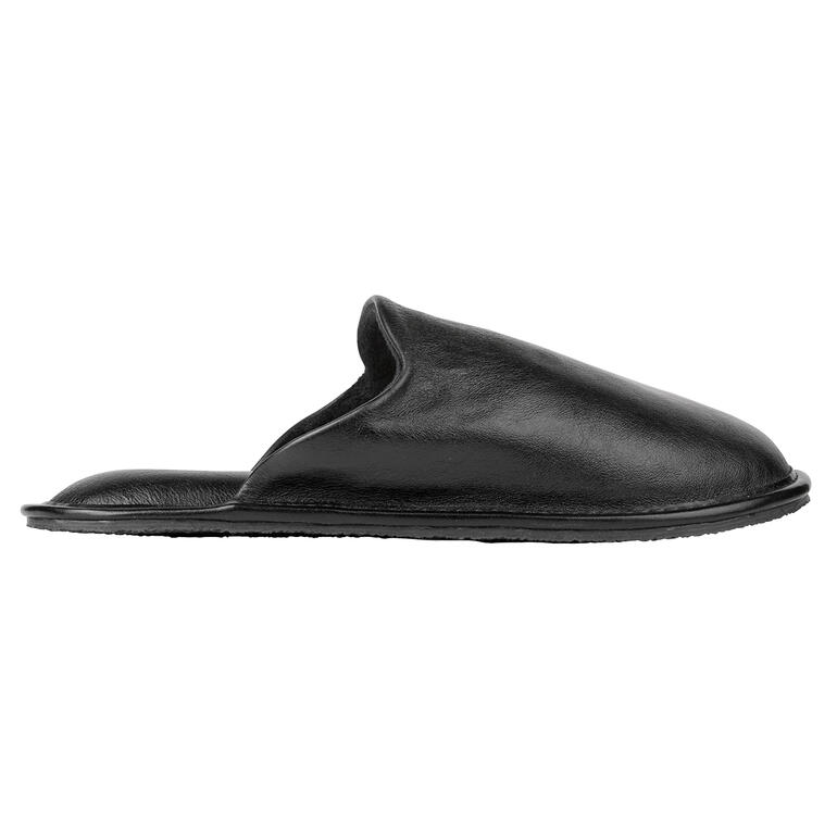 Vue latérale d'un chausson en cuir Pillowstep noir au design élégant.