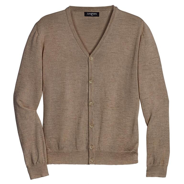 Cardigan en lama soie beige avec décolleté en V et boutons.
