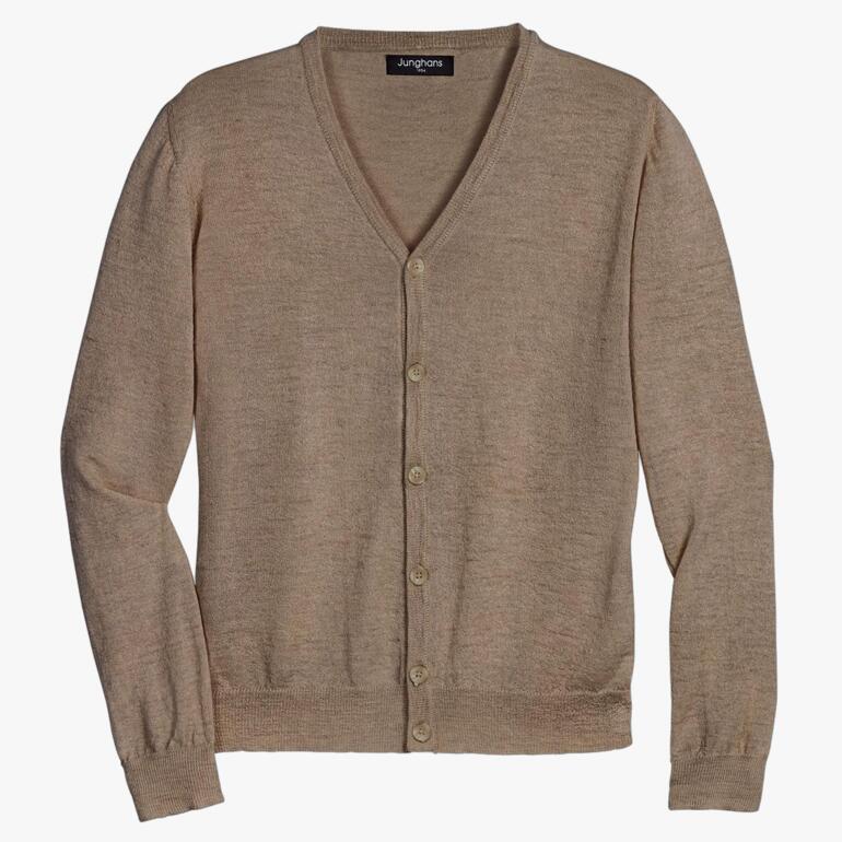 Cardigan en lama soie beige avec décolleté en V et boutons.