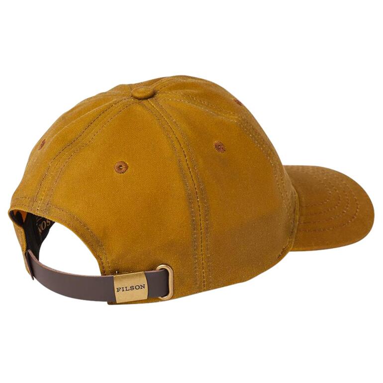 Brun ocre Vue arrière d'une casquette jaune-brune avec fermeture réglable.