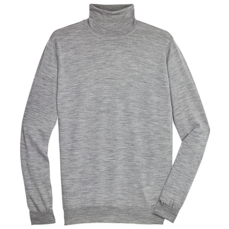 Pull à col roulé gris mélangé Junghans, posé à plat.