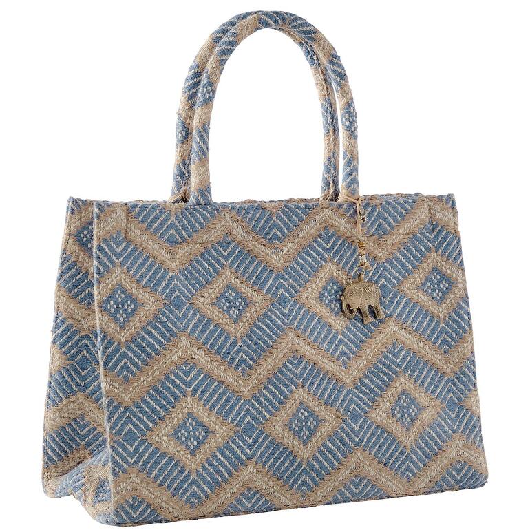 Vue avant d'un sac fourre-tout en jacquard Anokhi en bleu/nature avec motif détaillé.
