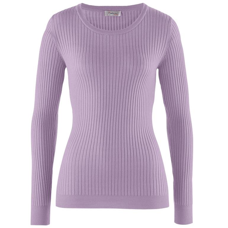 Vue avant du pull en soie stretch Carbery en violet avec structure en côtes.