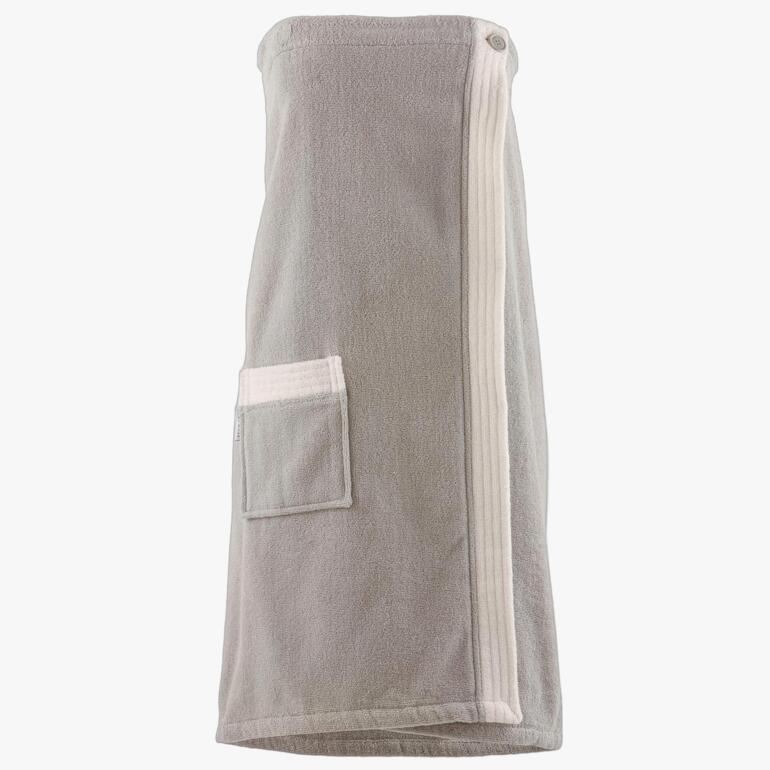 Sarong de sauna gris étroit avec poche latérale et coupe arrondie.