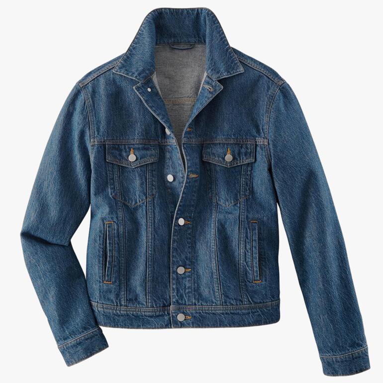 Veste en jean en chanvre OCONI, posée sur un fond blanc.