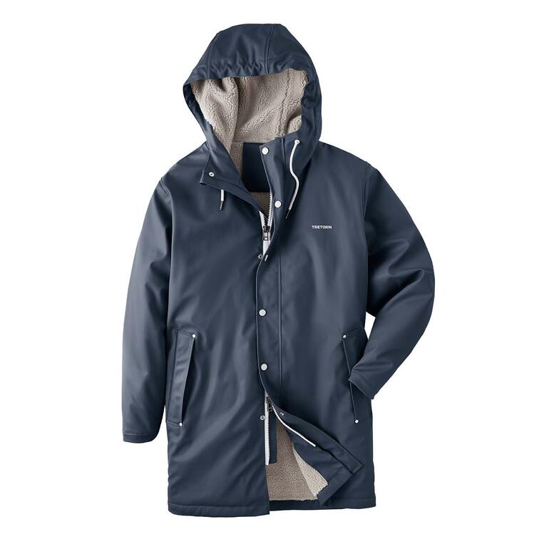 Marine Manteau de pluie Tretorn avec capuche et fermeture éclair sur fond blanc.