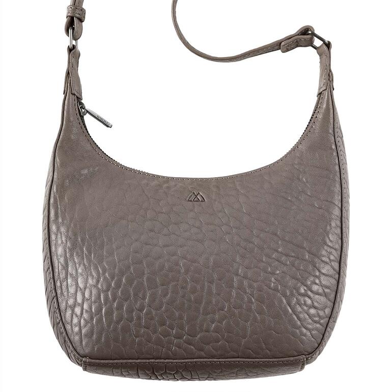 Sac à main en cuir gris foncé avec texture.