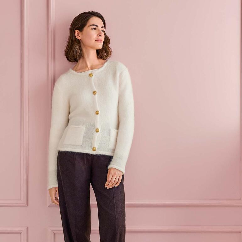 Gilet en mohair Junghans 1954, doux et avec de gros boutons.