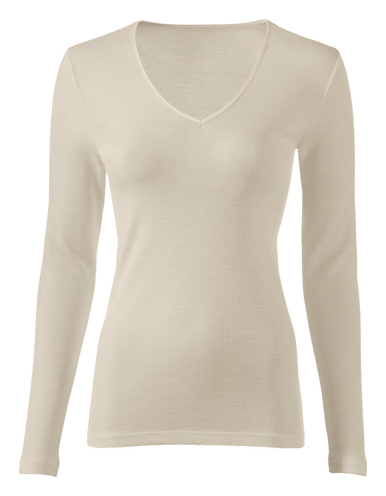 Chemise pour femme, Crème T-shirt à manches longues en laine de soie beige avec décolleté en V.