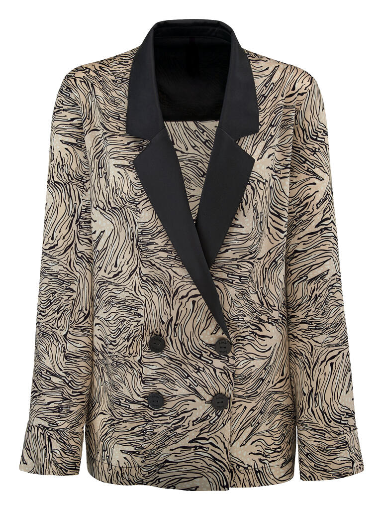 Veste de pyjama à motifs avec col noir.