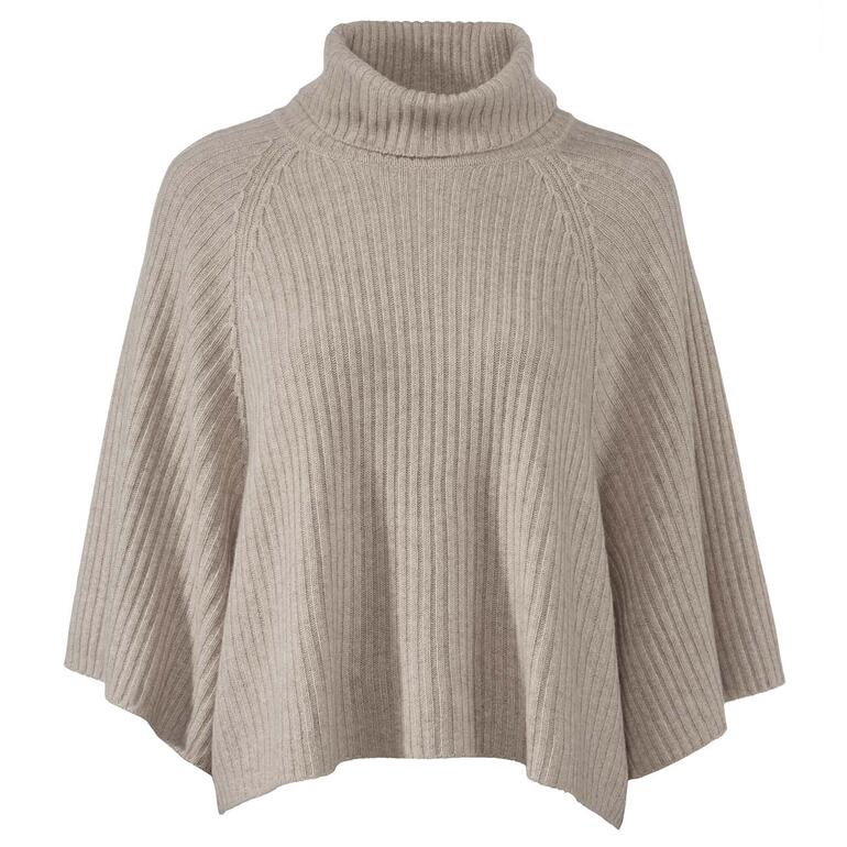 Poncho en cachemire gris avec col montant sur un fond blanc.