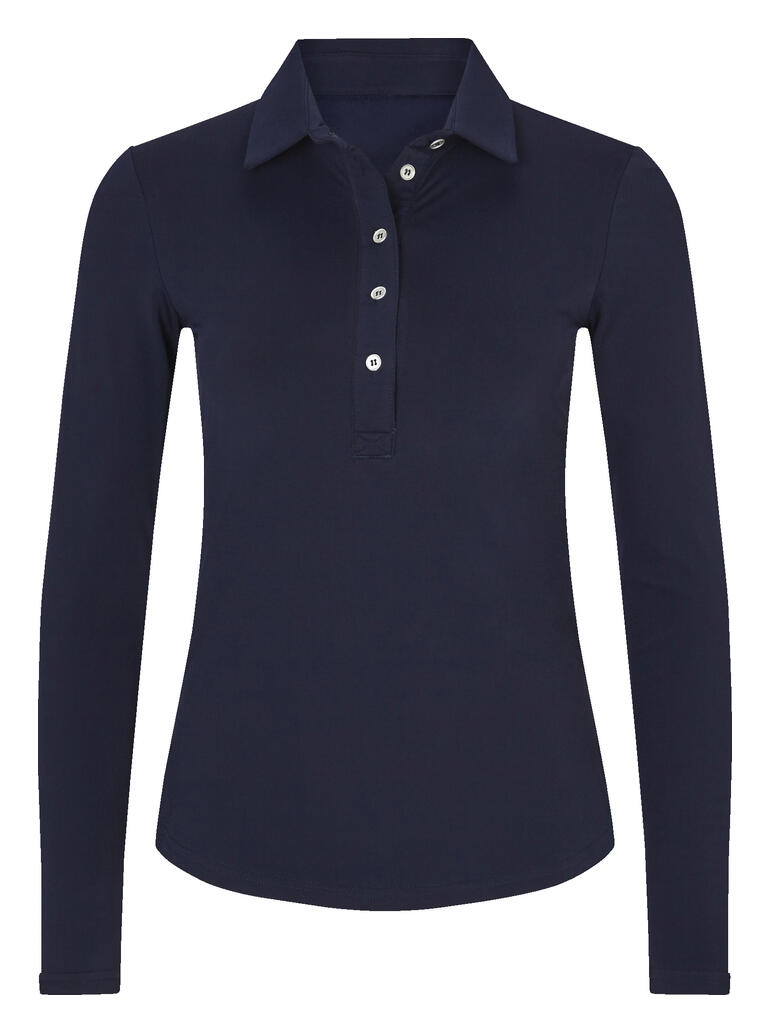 Polo shirt d'hiver bleu marine à manches longues et patte de boutonnage sur un fond blanc.