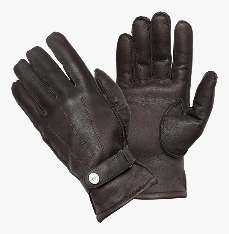 Gants en cuir de cerf marron foncé, vue latérale montrant la manchette.