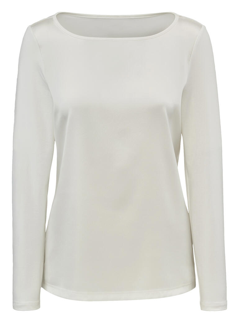 T-shirt en jersey de soie crème avec encolure ronde et manches longues en vue de face.
