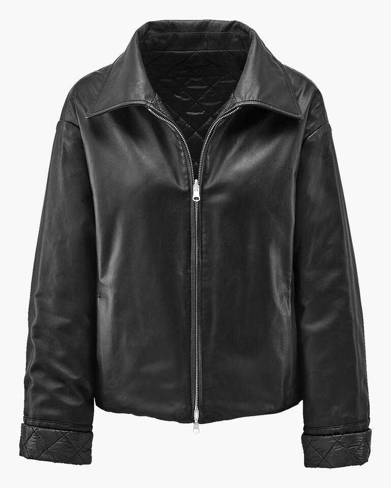 Veste en cuir d'agneau/nylon noire vue ouverte, à la mode et confortable.