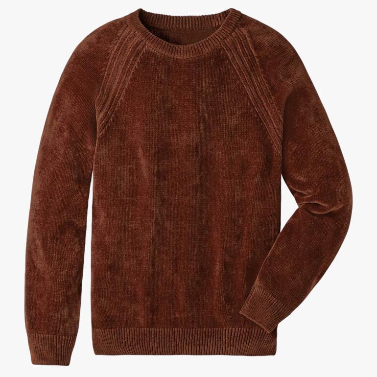 Pull marron Mid-Century avec une structure côtelée sur fond blanc.