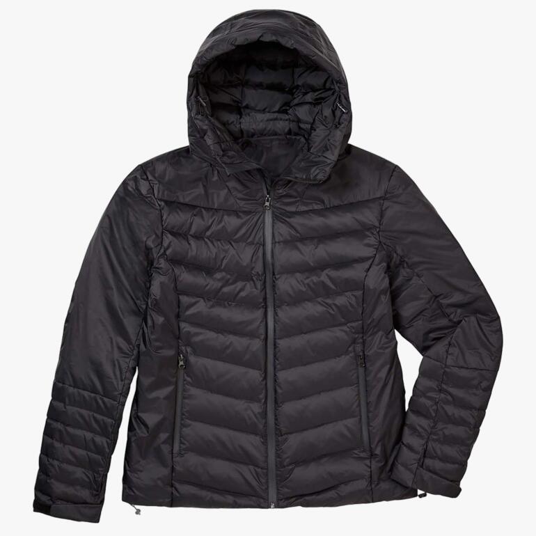 Veste imperméable en duvet noire avec capuche et fermeture éclair
