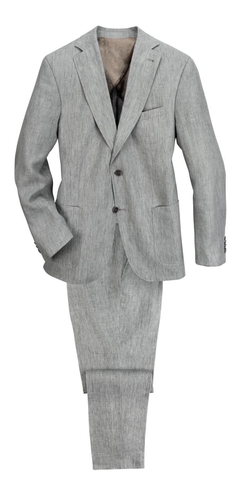 Gris moyen, Veste et Pantalon Costume en lin gris, composé d'une veste et d'un pantalon, sur un fond blanc.