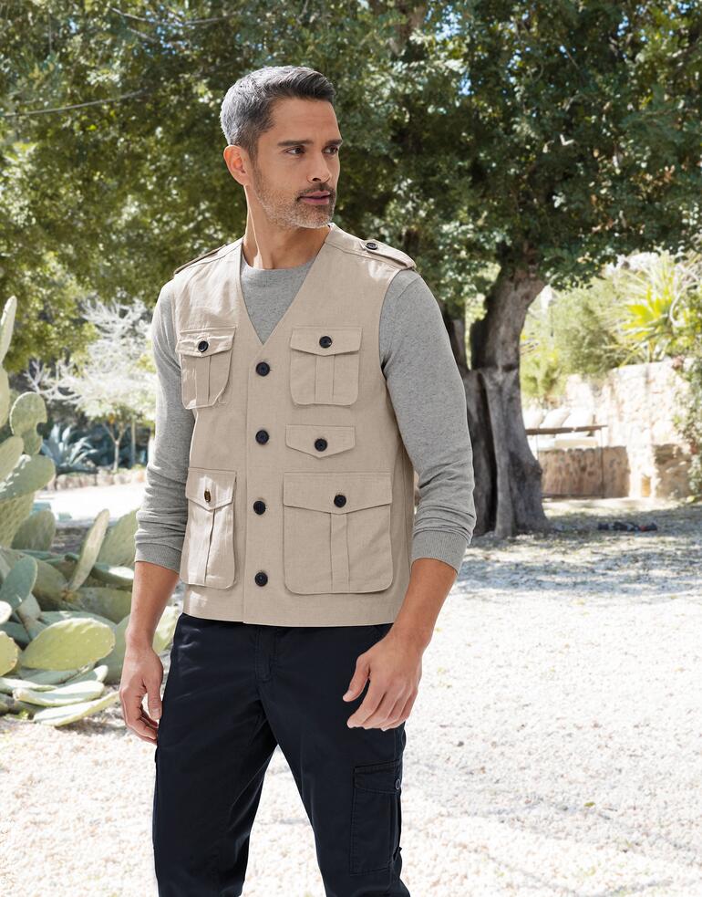 Veste en lin Safari Homme en gilet safari en lin beige avec plusieurs poches