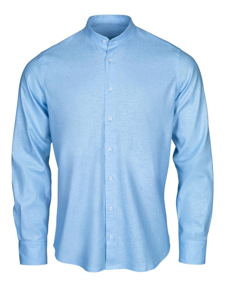 Chemise en lin bleu clair à manches longues, vue franche.