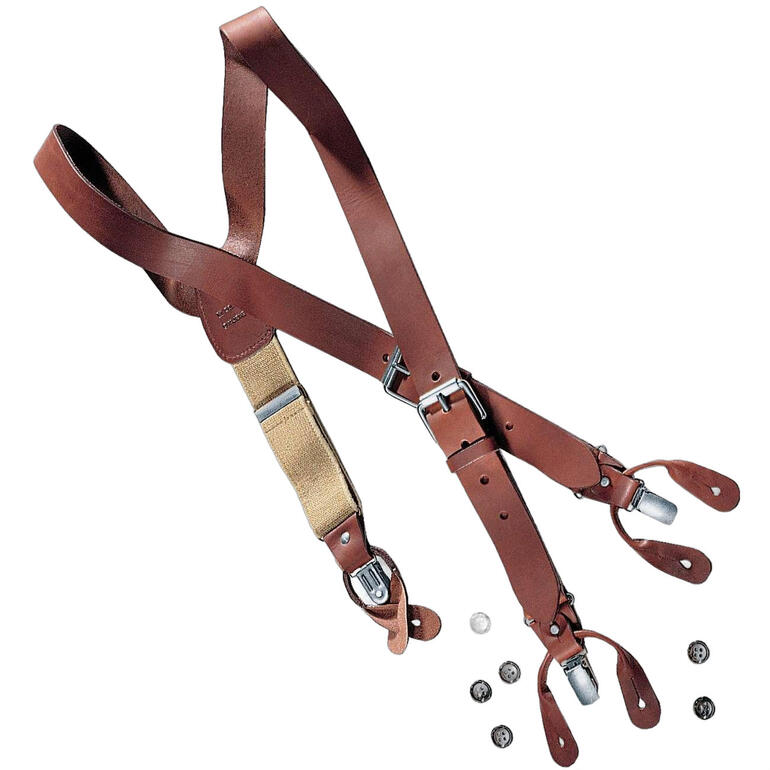 Lanières en cuir marron avec clips et divers éléments de taille.